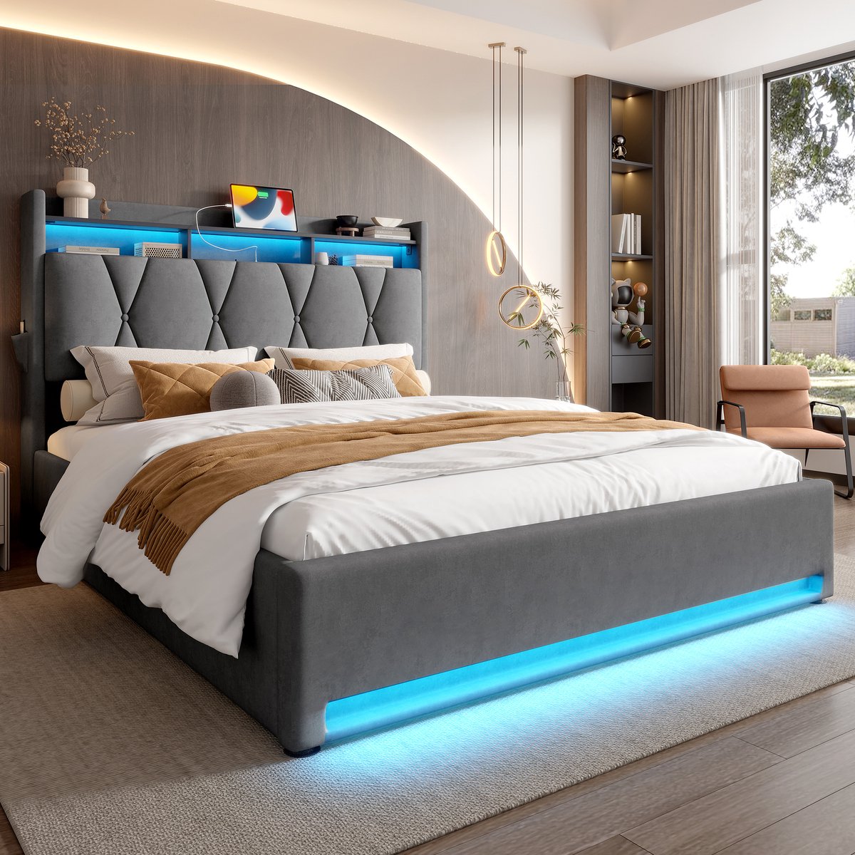 STILVORA Gestoffeerd Bed 160x200cm - LED en USB Type-C - Klapbaar Hoofdeinde met Opbergruimte - Fluweel - zonder matras - Donkergrijs