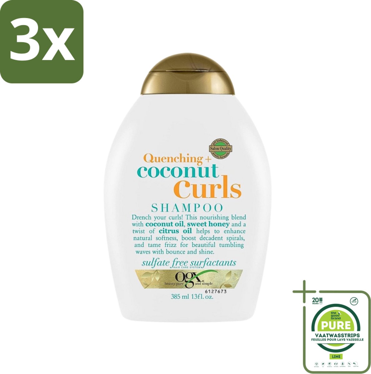 3 x OGX - Coconut Curls - Shampoo - Krulverzorging - Hydraterend - 385 ml - Grootverpakking - Krullen Shampoo - Hydraterende Shampoo - Kokos Shampoo - Shampoo Voor Krullend Haar - Pluisvrije Shampoo