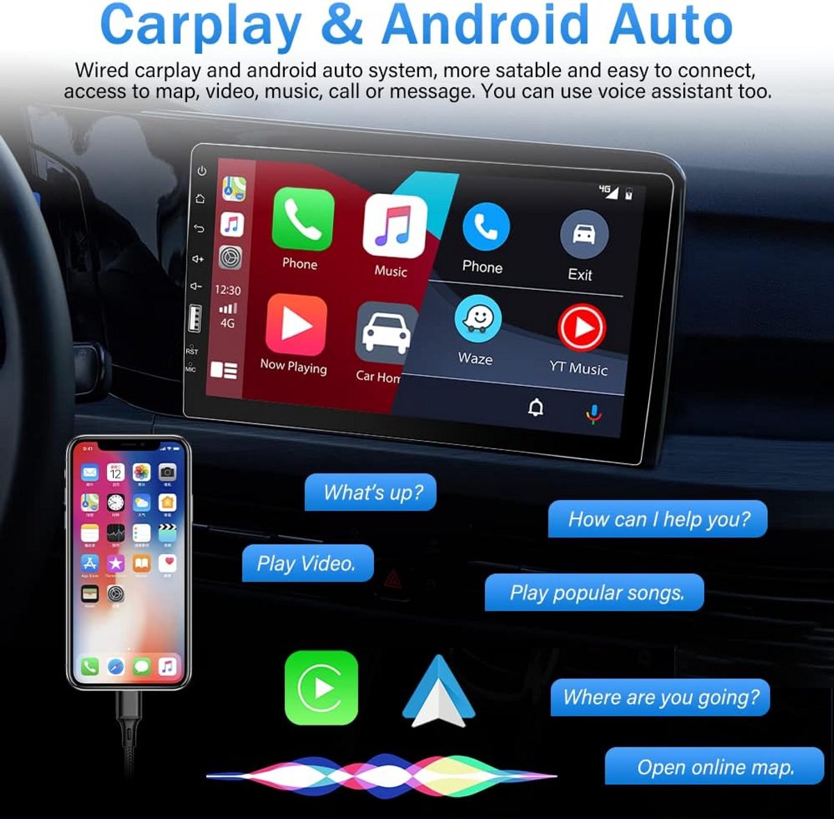 1 Din Autoradio met Carplay en Android Auto - 9 Inch Touchscreen en Achteruitrijcamera