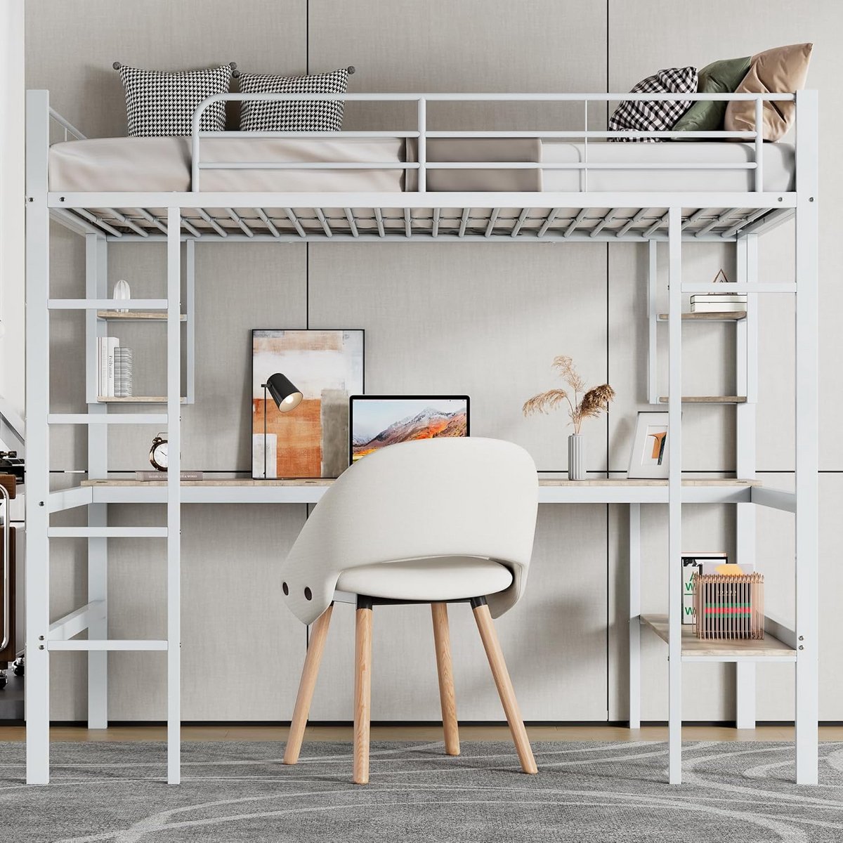 Hoogslaper met Bureau en Boekenkast - Metalen Bedframe 90x200 cm