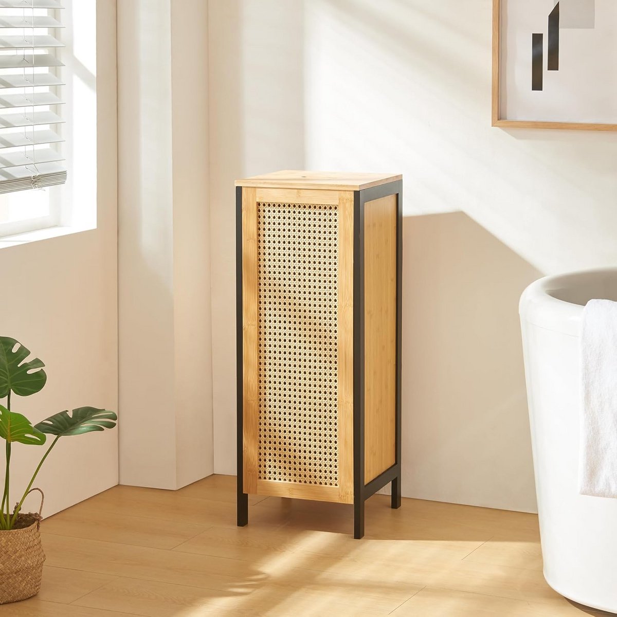 Grote Zwarte Wasmand met Deksel en Rotan Look - 51 Liter