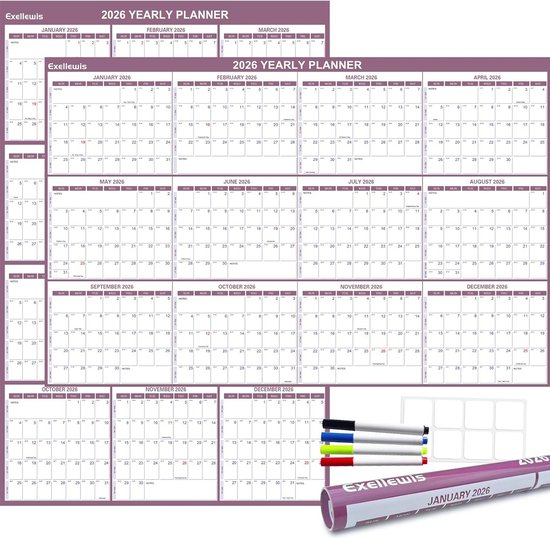 Jaarlijkse wandkalender 2026 - Droogwisplanner, jaarlijkse jaarlijkse