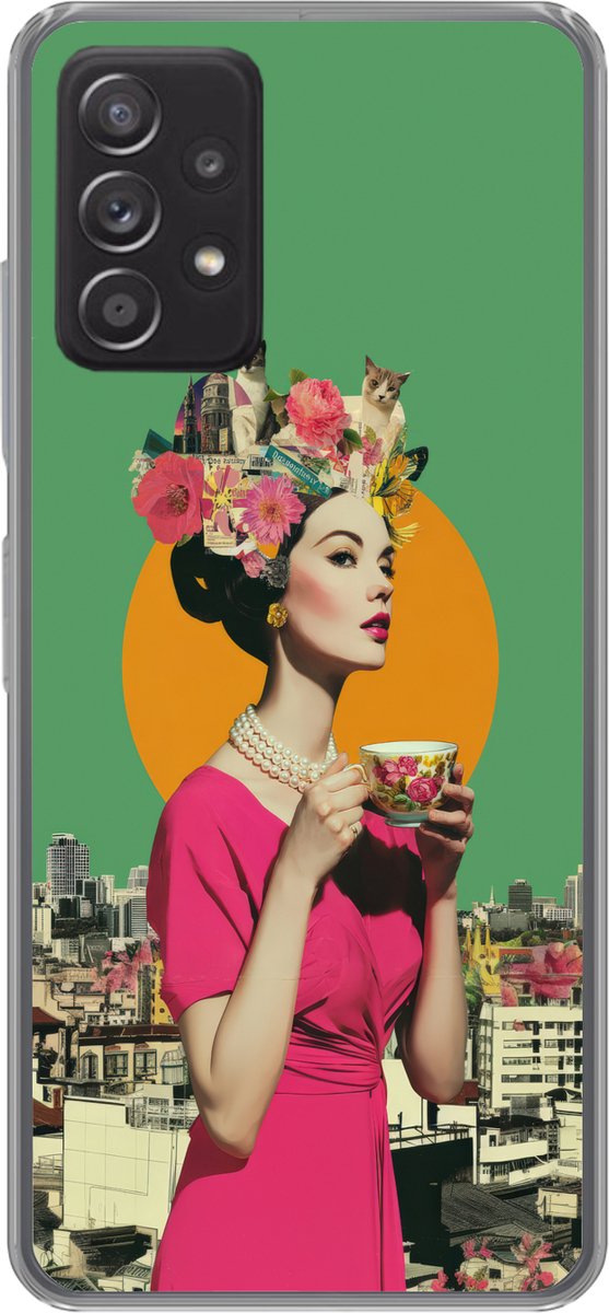 Telefoonhoesje Geschikt voor Samsung Galaxy A53 5G hoesje - Retro - Vrouw - Stad - Zon - Siliconen Telefoonhoesje Telefoonhoesje
