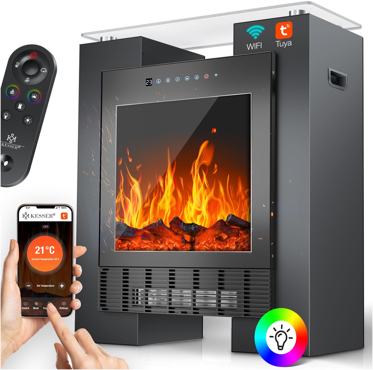 KESSER® Elektrische Sfeerhaard – 1800W Verwarming met LED Vlameffect & App Bediening