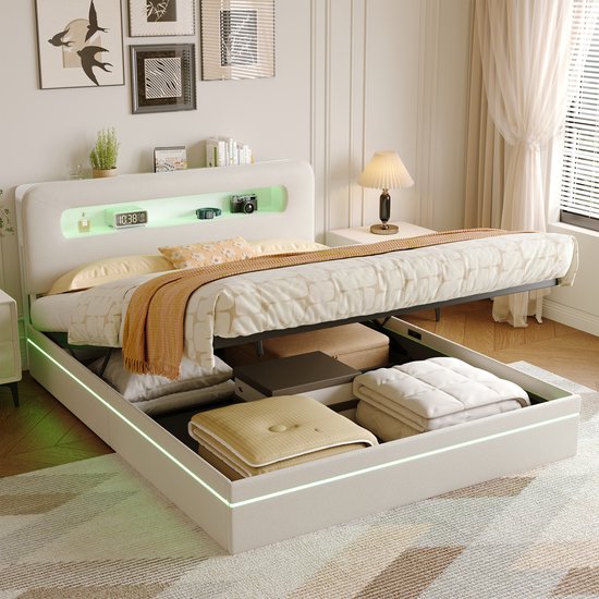 Opbergbed 160 x 200 cm, tweepersoonsbed, volwassenenbed, gestoffeerd bed, met lattenbodem, hydraulische hendel, fluwelen stof, beige
