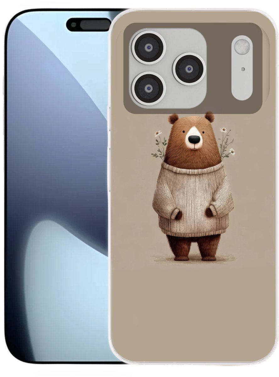 Telefoonhoesje Geschikt voor iPhone 17 Pro hoesje - Beer - Witte bloemen - Knus - Siliconen Telefoonhoesje Telefoonhoesje