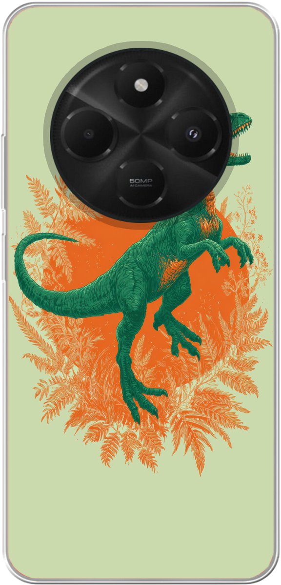 Telefoonhoesje Geschikt voor Xiaomi Geschikt voor Poco C75 (5G) hoesje - Dinosaurus - Groen - Planten - Cirkel - Siliconen Telefoonhoesje Telefoonhoesje