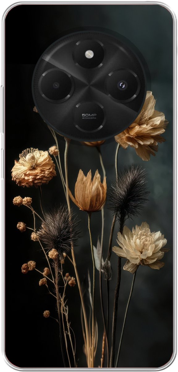 Telefoonhoesje Geschikt voor Xiaomi Geschikt voor Poco C75 hoesje - Boeket - Bloemen - Licht - Zwart - Siliconen Telefoonhoesje Telefoonhoesje