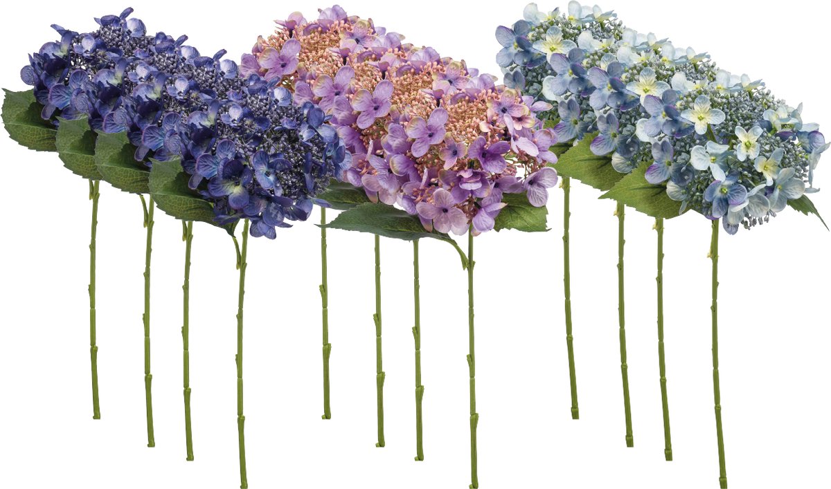 Emerald Kunstbloem Hortensia 50cm Blauw - Set van 12 - Kunstplant voor binnen Donkerblauw, Paars & Lichtblauw - Set van 12