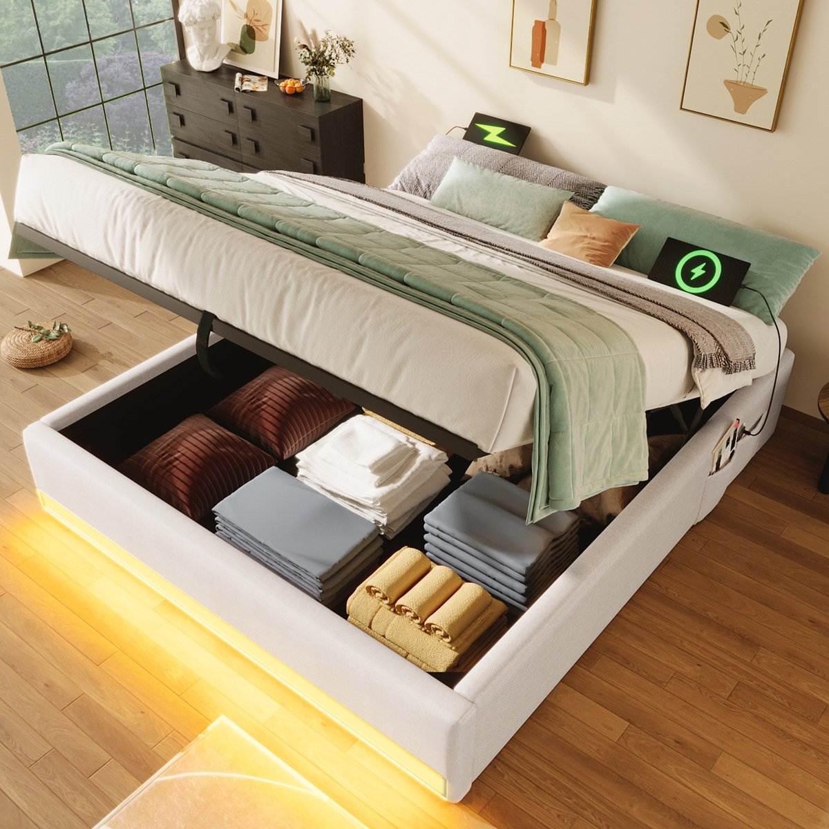 Polsterbett 140x200cm Beige - LED Afstandsbediening Hydraulische Opbergruimte USB Type-C P
