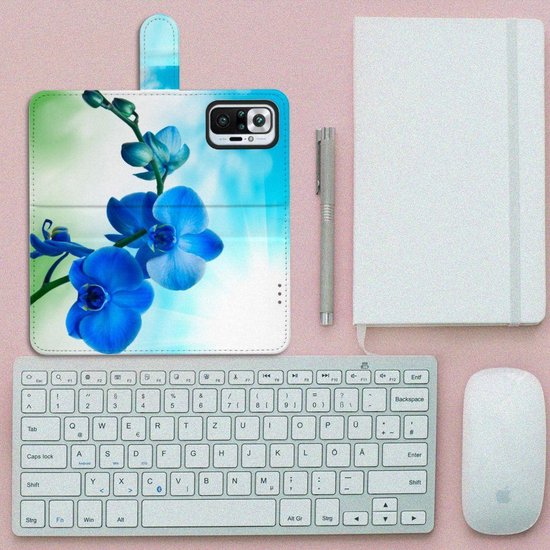 Étui pour téléphone Xiaomi Redmi Note 10 Pro Étui portefeuille avec photo orchidée Blauw cadeau de la Saint-Valentin femme
