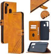 Voor Samsung Galaxy A21 US Versie Stiksels Stijl 2-Kleur Koe Textuur Horizontale Flip PU Lederen Case met Houder & Kaartsleuf & Lanyard (Geel)