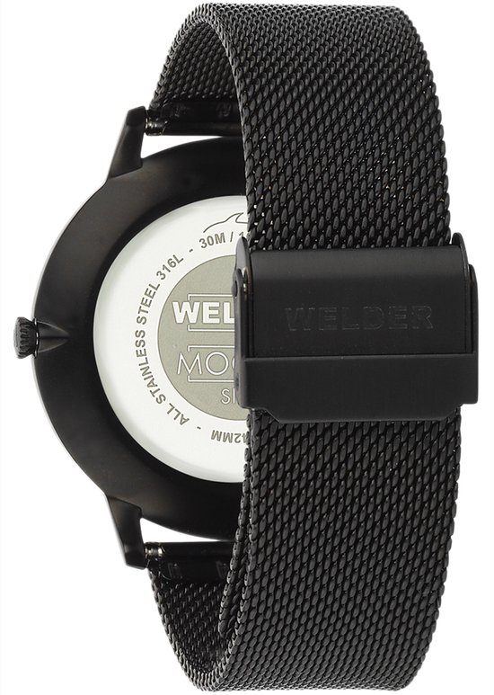 Zwarte Welder herenhorloge met RVS band en gesp met logo.