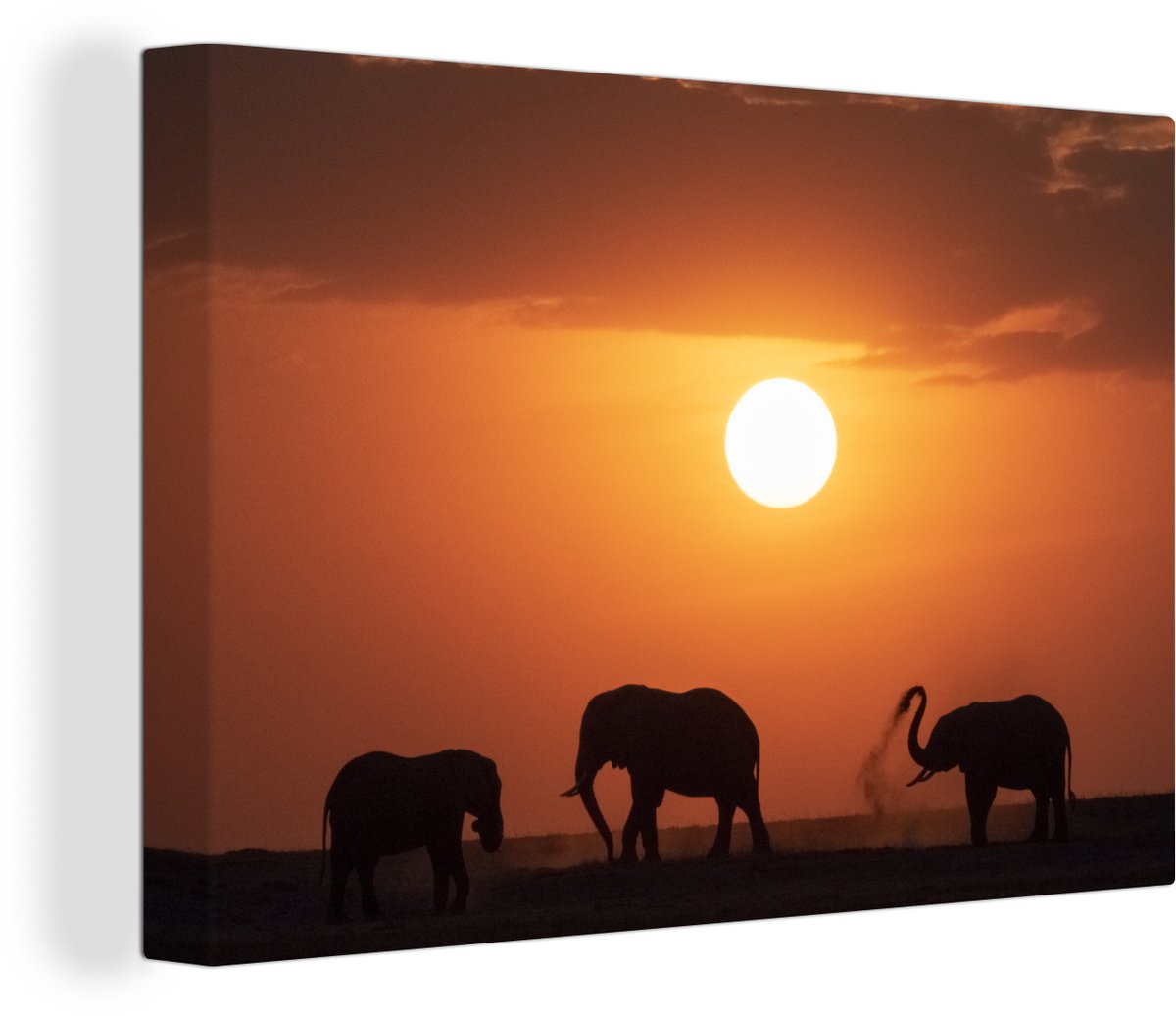 Tableau Toile 'Coucher De Soleil Savane éléphants' 90x60 Cm - Déco Murale Moderne Pour Salon, Chambre, Bureau