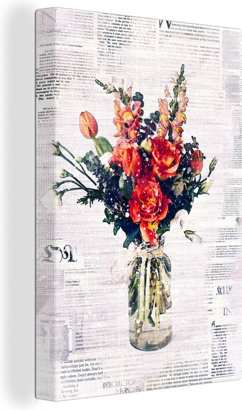 Illustration fleur sur coupure de journal 90x140 cm - Tirage photo sur toile (Décoration murale salon / chambre) / Peintures Fleurs sur toile