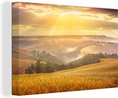 Canvas schilderij 140x90 cm - Wanddecoratie Mist - Zon - Landschap - Muurdecoratie woonkamer - Slaapkamer decoratie - Kamer accessoires - Schilderijen