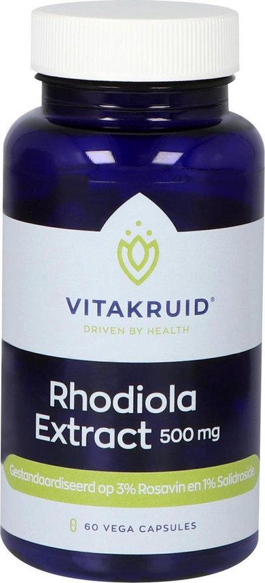 Blauwe pot met witte dop. Etiket met 'Rhodiola Extract 500 mg' en '60 VEGA CAPSULES'.