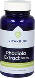 Blauwe pot met witte dop. Etiket met 'Rhodiola Extract 500 mg' en '60 VEGA CAPSULES'.