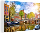 Canvas - Lente - Amsterdam - Grachtenpand - Water - kamerdecoratie - 60x40 cm - Schilderijen op canvas - Canvas doek