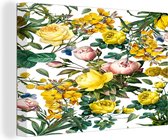 Peintures sur Toile - Fleurs - Jaune - Papillon - 60x40 cm - Décoration murale