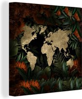 Canvas Wereldkaart - 50x50 - Wanddecoratie Wereldkaart - Retro - Bloemen