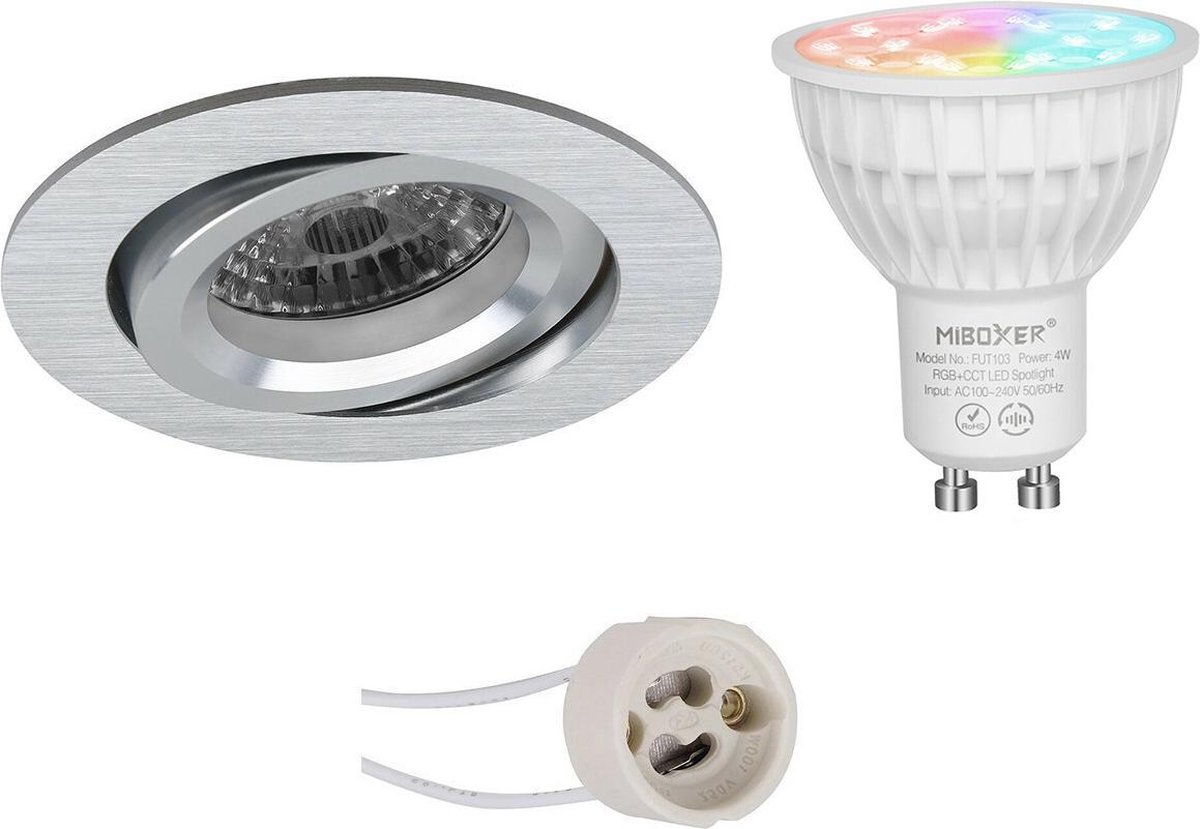 Mi-Light MiBoxer - LED Spot Set GU10 - Smart LED - Wifi LED - Slimme LED - 4W - RGB+CCT - Aanpasbare Kleur - Dimbaar - Proma Aerony Pro - Inbouw Rond - Mat Zilver - Kantelbaar - Ø82mm