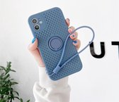 Warmteafvoer Koelgaten Vloeibare siliconen Straight Edge Shockproof Case met ringhouder en riem voor iPhone 12 mini (lavendelgrijs)