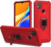 Voor Geschikt voor Xiaomi Redmi 9C koolstofvezel beschermhoes met 360 graden roterende ringhouder (rood)