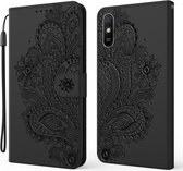 Voor Xiaomi Redmi 9A Pauw Reliëfpatroon Horizontale Flip Leren Case met Houder & Kaartsleuven & Portemonnee & Lanyard (Zwart)