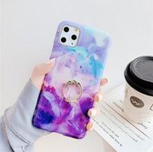 Voor iPhone 11 TPU glad marmer met ring metalen strass beugel mobiele telefoon beschermhoes (paarse steen Q7)