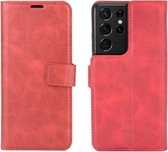 Retro Kalf Patroon Gesp Kaart Portemonnee Links en Rechts Flip Telefoon Holster met Beugel Functie Voor Galaxy S21 Ultra (Rood)