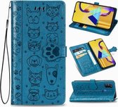 Voor Galaxy M30S schattige kat en hond reliëf horizontale flip lederen tas met beugel / kaartsleuf / portemonnee / lanyard (blauw)