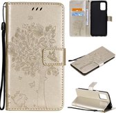 Voor LG K52 Boom & Kat Patroon Geperst Afdrukken Horizontale Flip PU Lederen Case met Houder & Kaartsleuven & Portemonnee & Lanyard (Goud)