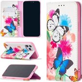 Gekleurd tekenpatroon Onzichtbare magnetische horizontale Flip PU lederen tas met houder & kaartsleuven & portemonnee voor iPhone 12/12 Pro (twee vlinders)