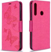 Voor Huawei P40 Lite E / Y7P Twee Vlinders Embossing Patroon Horizontale Flip Leren Case met Houder & Kaartsleuf & Portemonnee & Lanyard (Rose Rood)