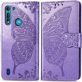 Voor Moto G8 Power Lite Butterfly Love Flower Reliëf Horizontale Flip Leren Case met Beugel / Kaartsleuf / Portemonnee / Lanyard (Lichtpaars)