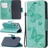 Voor iPhone 12 Pro Max Embossing Two Butterflies Pattern Horizontale Flip PU Leather Case met houder & kaartsleuf & portemonnee & lanyard (groen)