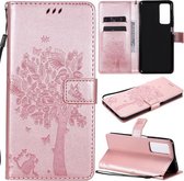 Voor Huawei Maimang 9 Boom & Kat Patroon Geperst Afdrukken Horizontale Flip PU Lederen Case met Houder & Kaartsleuven & Portemonnee & Lanyard (Rose Goud)