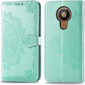 Voor Nokia 5.3 Mandala bloem reliëf horizontale flip lederen tas met beugel / kaartsleuf / portemonnee / lanyard (groen)