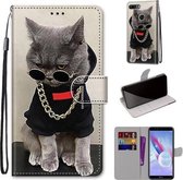 Voor Huawei Honor 9 Lite Gekleurde Tekening Cross Textuur Horizontale Flip PU Lederen Case met Houder & Kaartsleuven & Portemonnee & Lanyard (B09 Gouden Ketting Grijze Kat)
