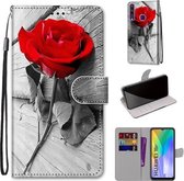 Voor Huawei Y6p Gekleurde Tekening Cross Textuur Horizontale Flip PU Lederen Case met Houder & Kaartsleuven & Portemonnee & Lanyard (B10 Hout Rood Rose)