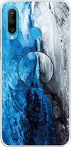 Voor Huawei P30 Lite reliëf gelakt marmer TPU beschermhoes met houder (donkerblauw)