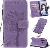 Tree & Cat Pattern Pressed Printing Horizontale Flip PU lederen tas met houder & kaartsleuven & portemonnee & lanyard voor Huawei P20 Lite 2019 / Nova 5i (lichtpaars)