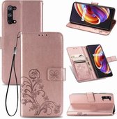 Voor OPPO Realme X7 vierbladige sluiting reliëf gesp mobiele telefoon bescherming lederen tas met lanyard & kaartsleuf & portemonnee & beugel functie (rose goud)