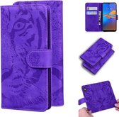 Voor Motorola Moto E6 Plus Tiger Embossing Pattern Horizontale Flip lederen tas met houder & kaartsleuven & portemonnee (paars)