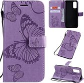 Voor Galaxy S20 Pressed Printing Butterfly Pattern Horizontale Flip PU lederen tas met houder & kaartsleuven & portemonnee & lanyard (paars)