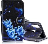 Voor Galaxy A20s Gekleurde Tekening Patroon Horizontale Flip PU Lederen Case met Houder & Kaartsleuven & Portemonnee & Lanyard (Blauwe Vlinder)