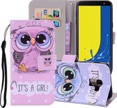 Schattig uilpatroon Gekleurde tekening Horizontale leren flip-hoes voor Galaxy J6 (EU-versie) (2018), met houder en kaartsleuven en portemonnee en draagkoord
