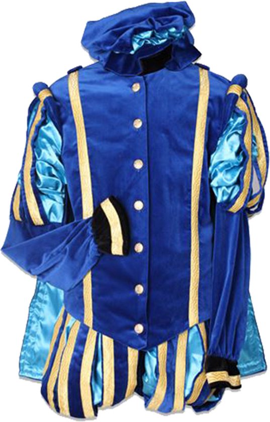 Blauw fluwelen Piet kostuum met gouden biezen, lichtblauwe satijnen details en cape.