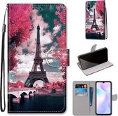 Voor Geschikt voor Xiaomi Redmi 9A Gekleurde Tekening Cross Textuur Horizontale Flip PU Lederen Case met Houder & Kaartsleuven & Portemonnee & Lanyard (Roze Bloem Tower Bridge)